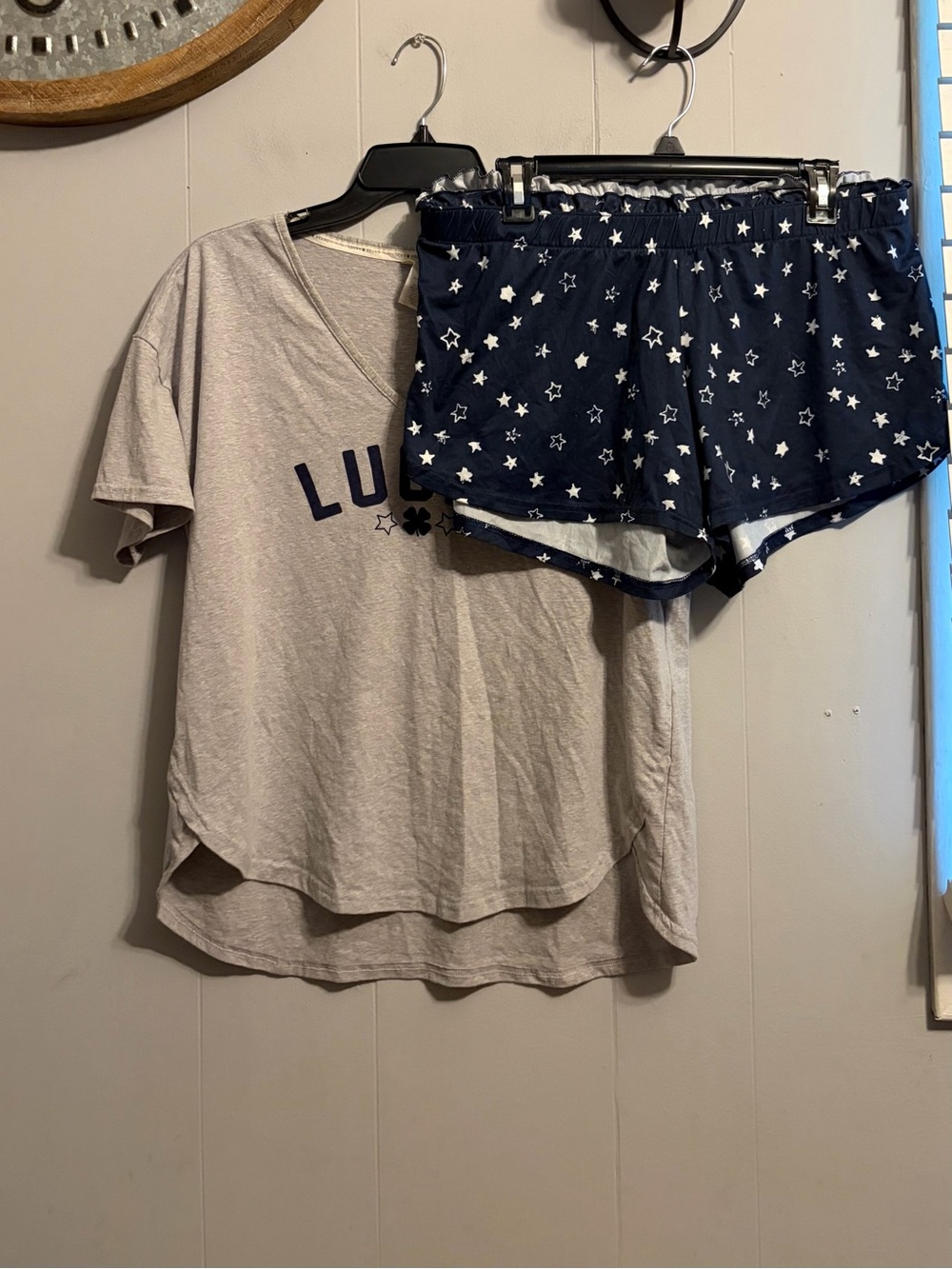 Lucky Brand Light Gray Tee with Navy Star-Print Sleep Shorts
